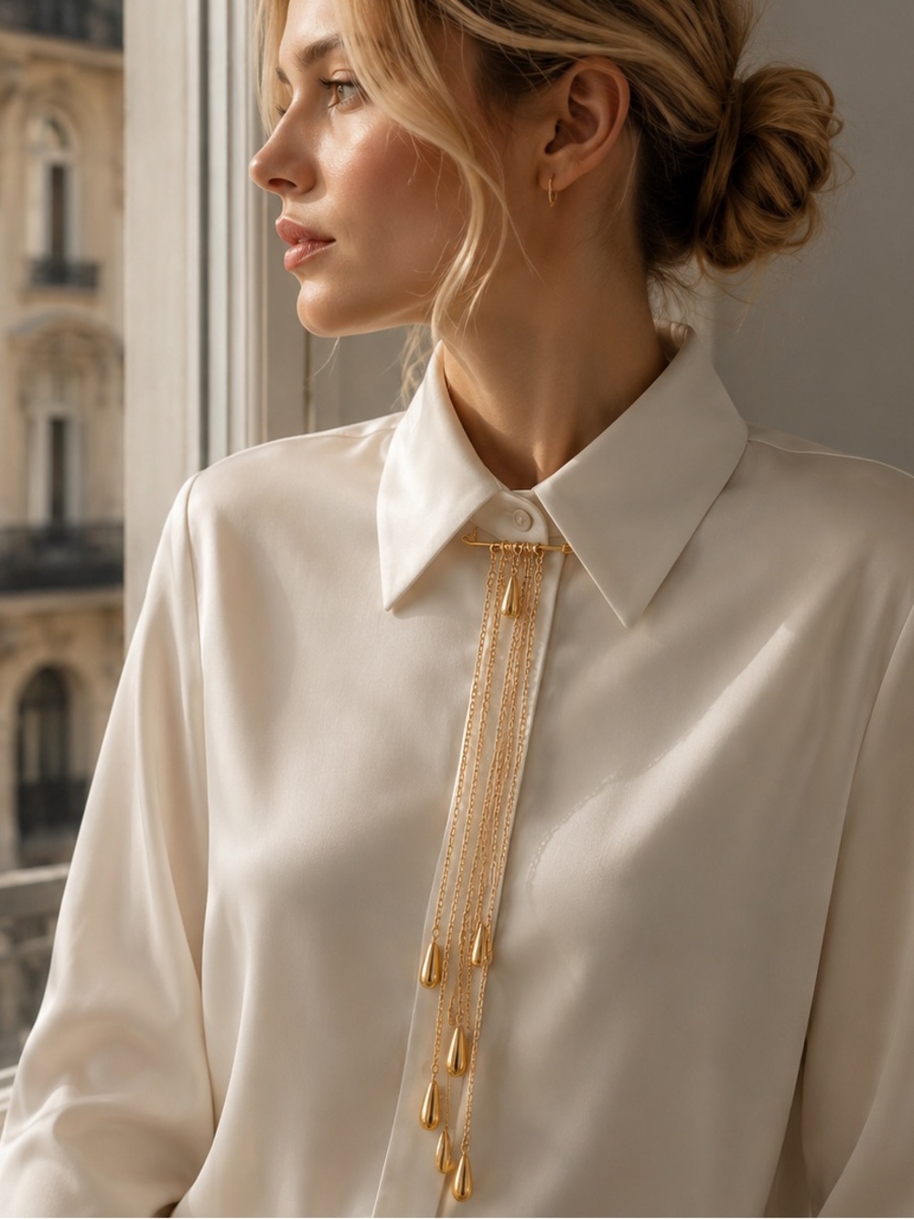Gold Chain Brooch Pin with Teardrop Charms Elegant Collar Pin